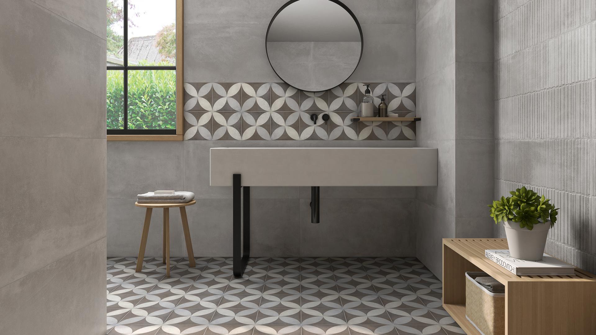 Lepic tiles featured in modern bathroom with grey walls