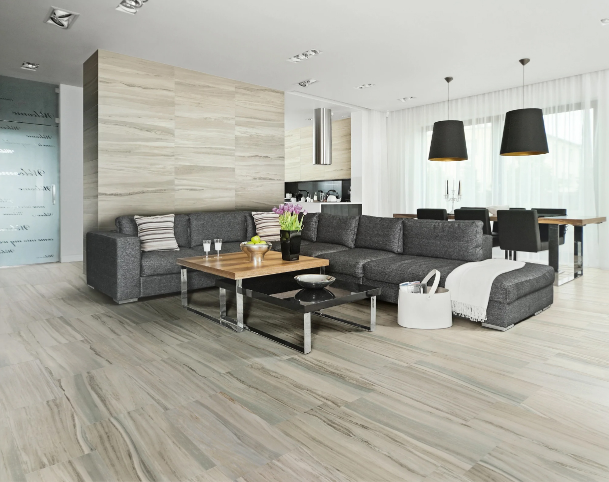 Flow Sky featured in modern living room with black furniture