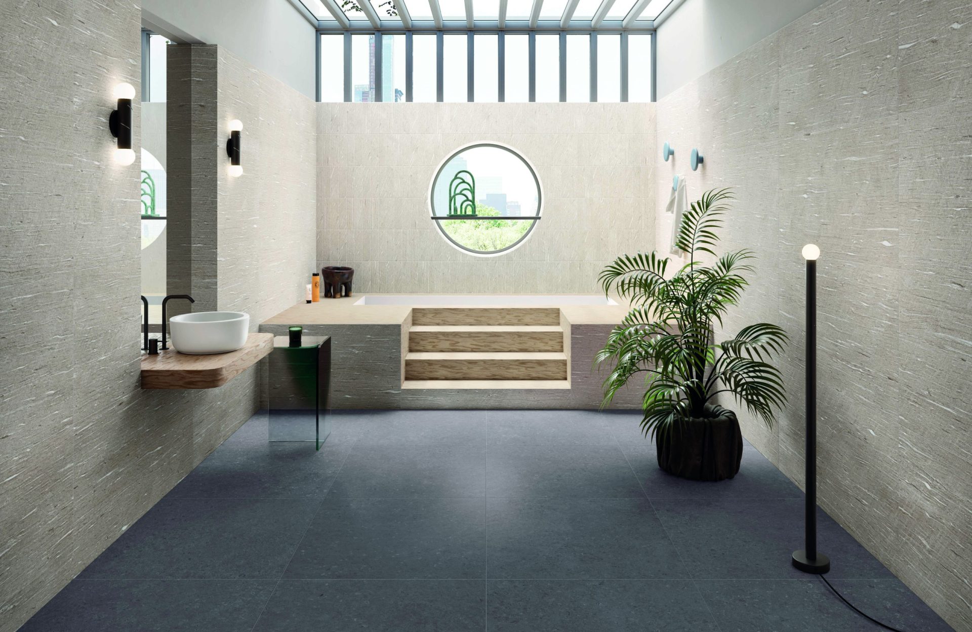 Contemporary bathroom showing Tide Road porcelain tile in Graphite Cross cut on the floor, and Sand Vein Cut on the walls.