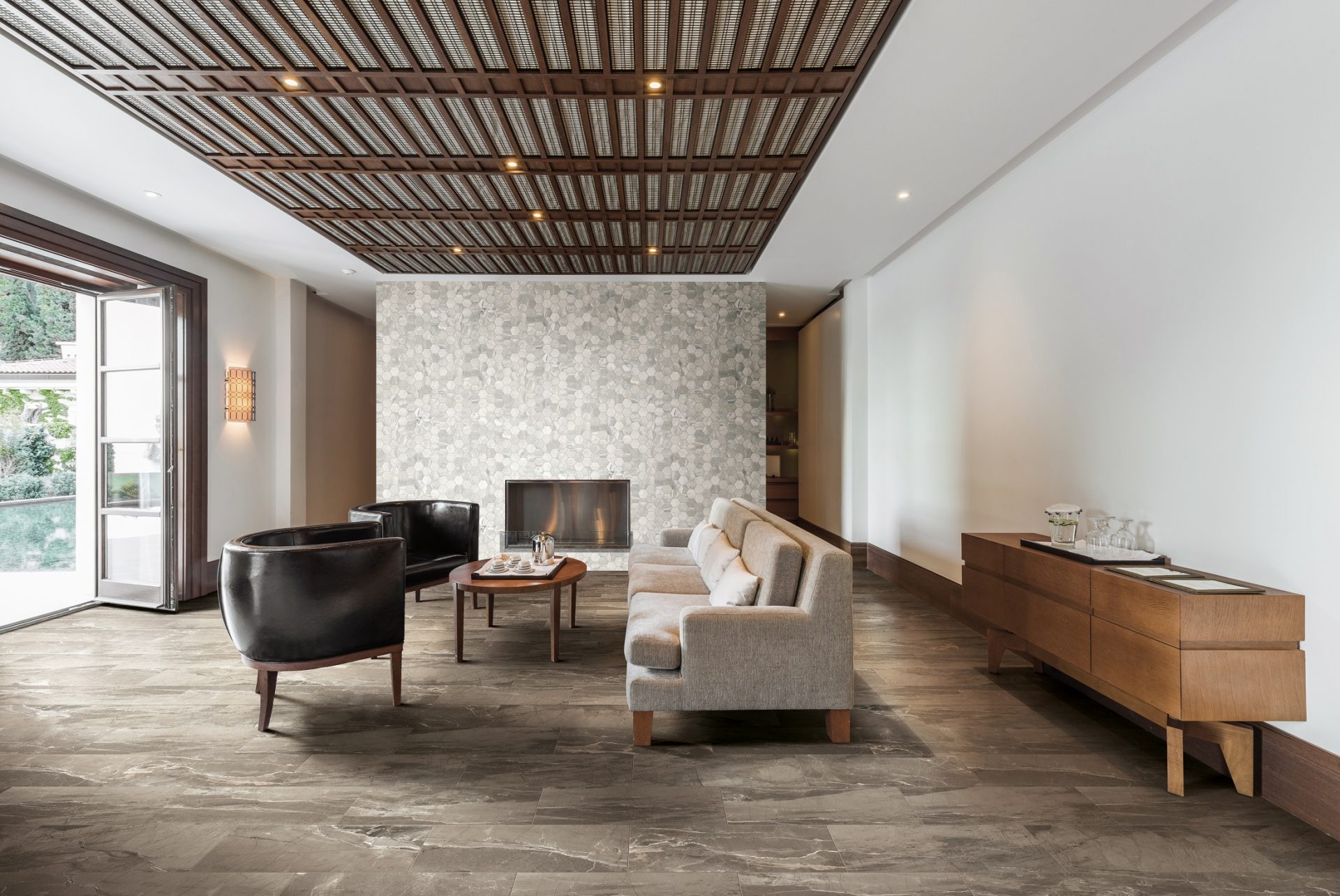Taupe Absolute porcelain tile on the floor in a modern living room.