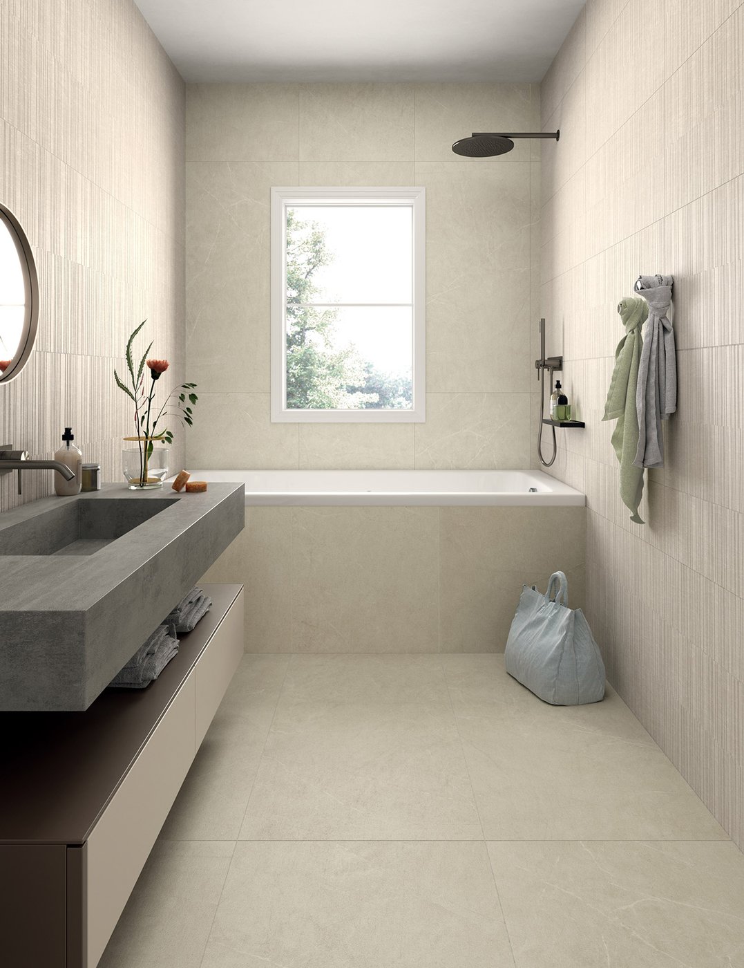 Arkistone Ivory porcelain tiles installed on modern bathroom floors and walls